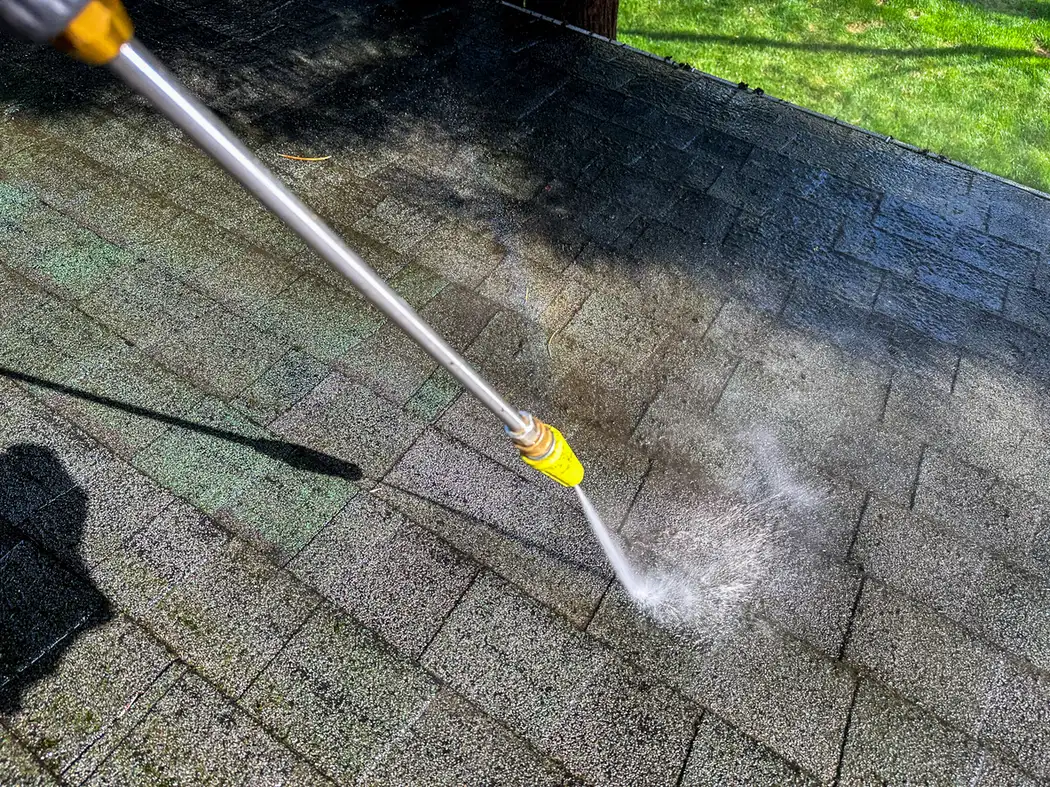 Soft washing shingles during a professional roof cleaning service in Okemos, MI