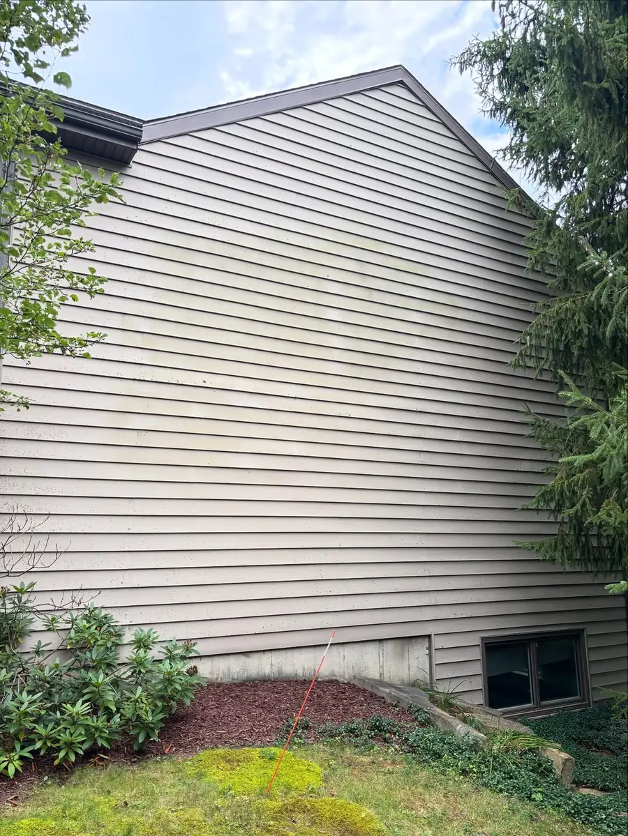 Dirty algae-stained siding before house washing in Okemos, MI