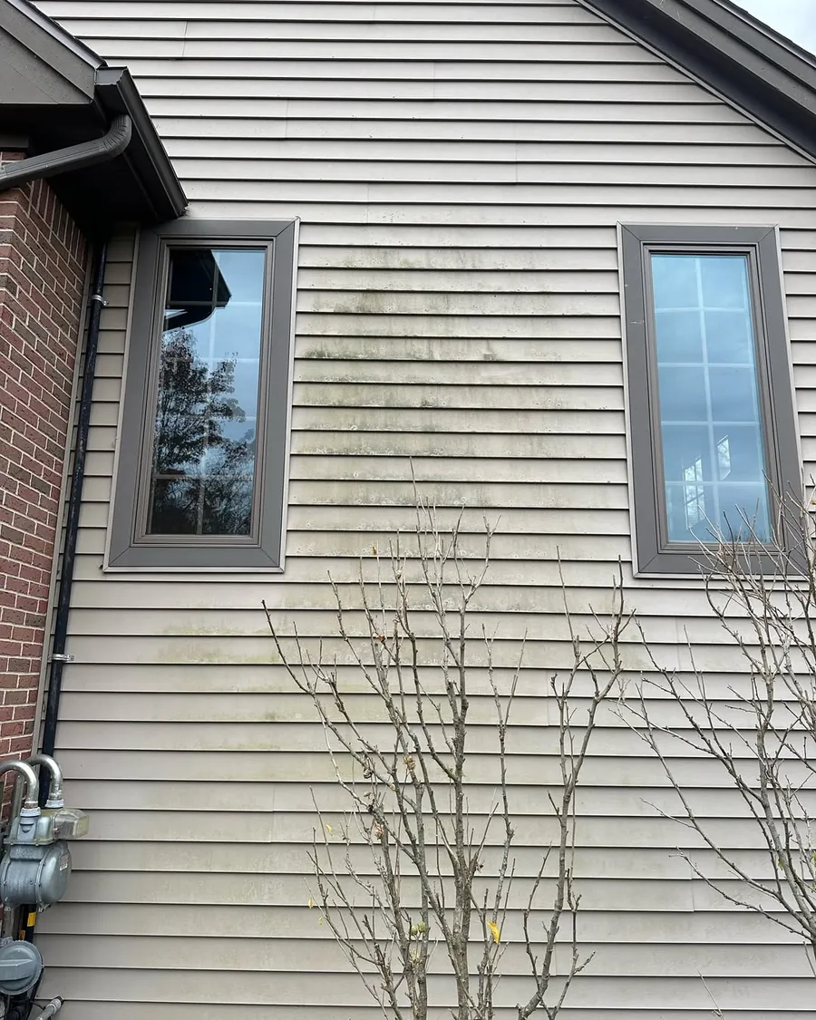 Home exterior showing algae staining and dirt buildup before house washing in Okemos, MI